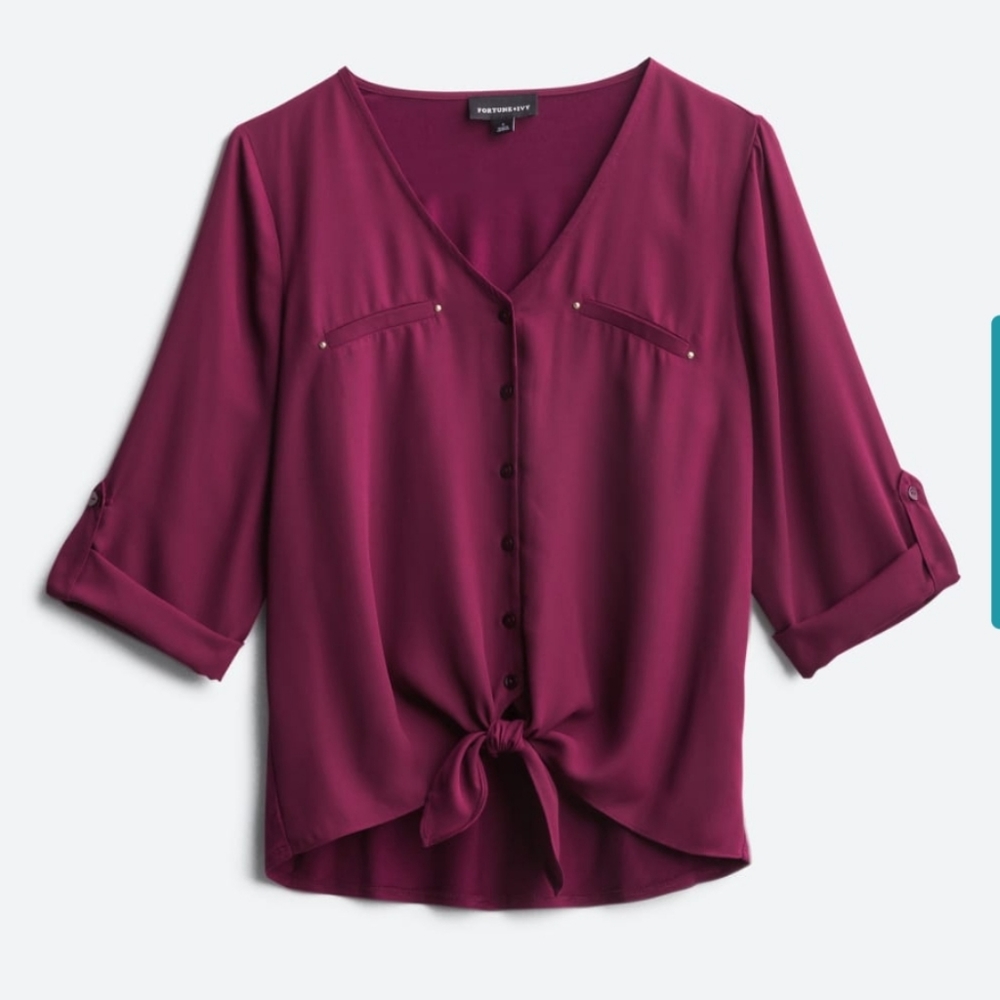 Burgundy Tie Front Blouse